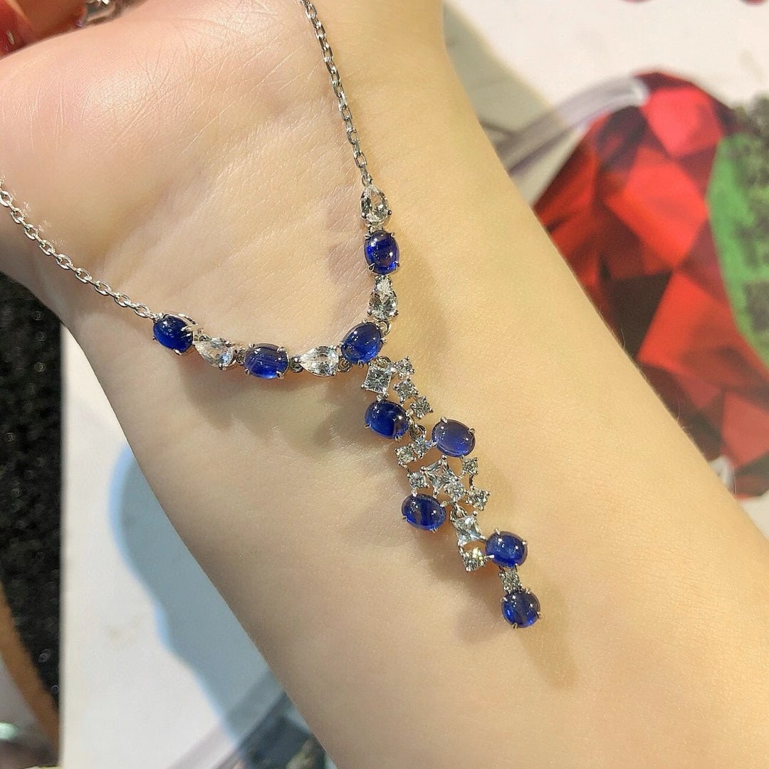 14k Gold 3.34 Ctw Natural Sapphire & Diamond Necklace - 4