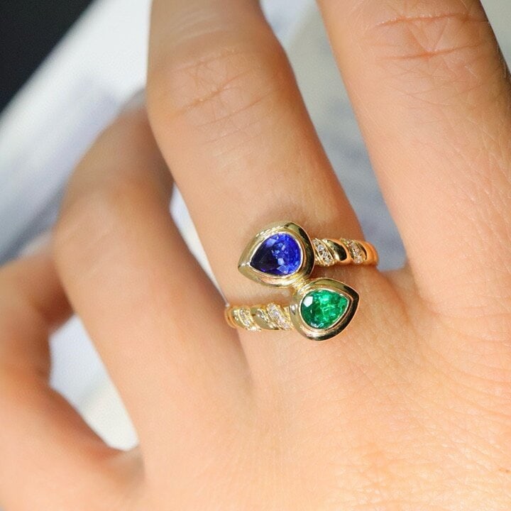 14k Gold 0.75 Ctw Natural Sapphire & Emerald & Toi Et Moi Ring - 2