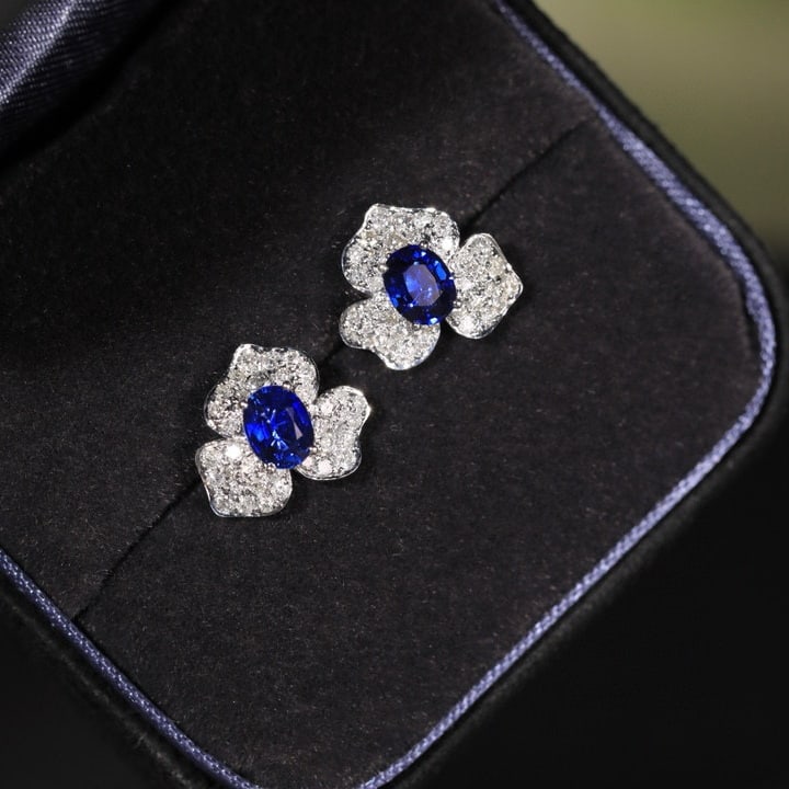 14k Gold 1.23 Ctw Vivid Blue Natural Sapphire & Diamond Earrings - 3