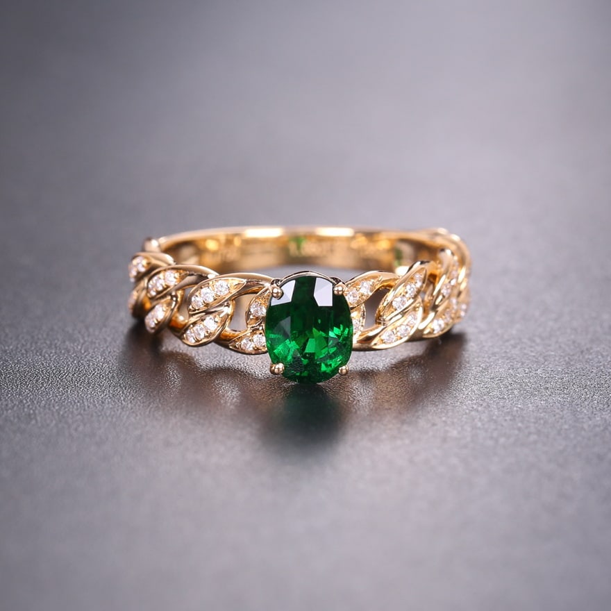 14k Gold 1.18 Ctw Vivid Green Natural Tsavorite & Diamond Ring: Ref:230946085 // gold content:14k gold // ring size:7. 25us // // main gemstone:tsavorite // shape:oval // carat weight:1. 06ct // color:vivid green // treatment:natural // // adjacent gemstone 2