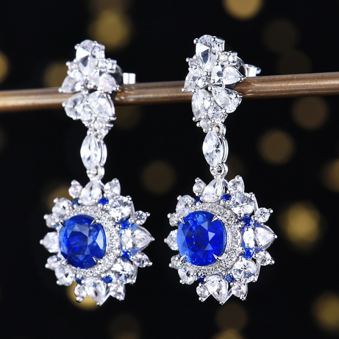 14k Gold 4.14 Ctw Natural Sapphire & Diamond Earrings - 2