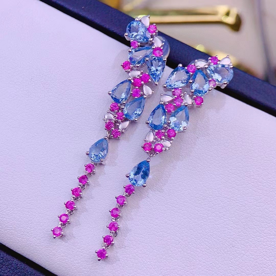 14k Gold 6.3 Ct Natural Aquamarine & Ruby Earrings - 2