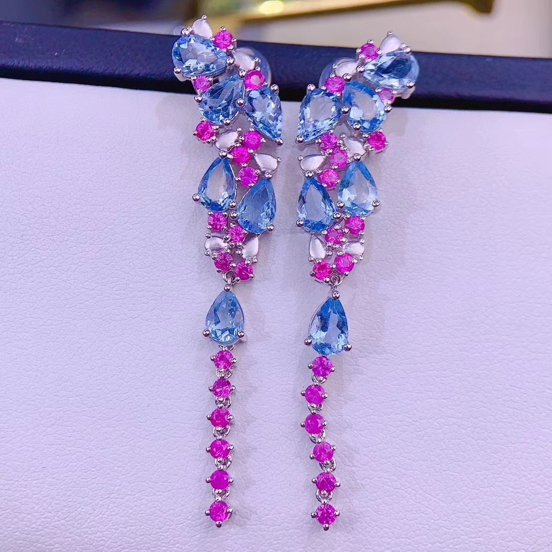 14k Gold 6.3 Ct Natural Aquamarine & Ruby Earrings - 4