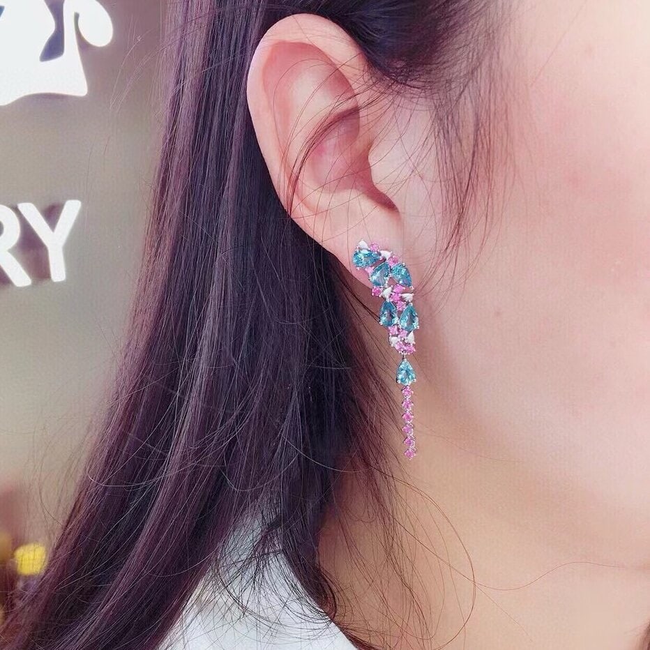 14k Gold 6.3 Ct Natural Aquamarine & Ruby Earrings - 7