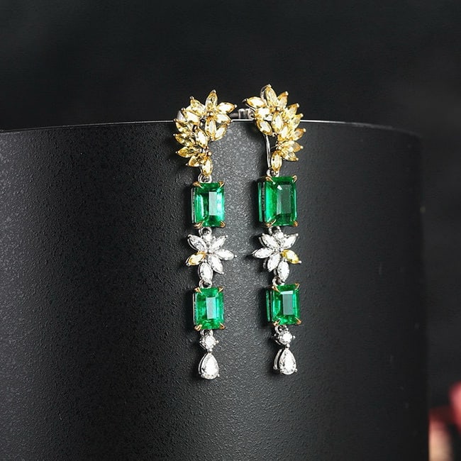 14k Gold 3.63 Ctw Vivid Green Natural Emerald & Sapphire Earrings - 2