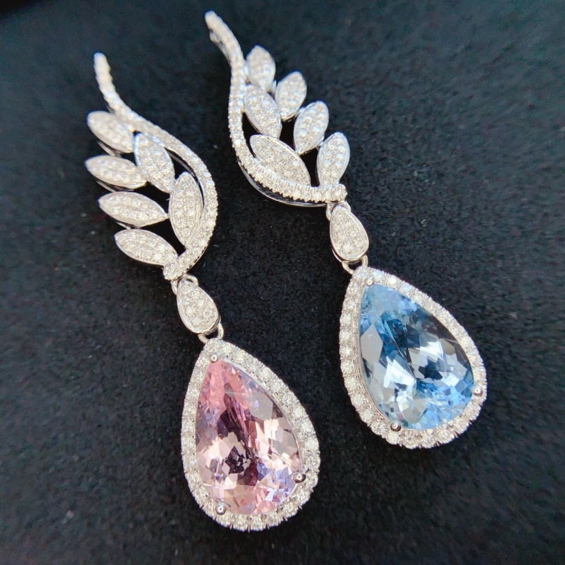 14k Gold 6.62 Ctw Natural Aquamarine & Morganite & Diamond Earrings - 2