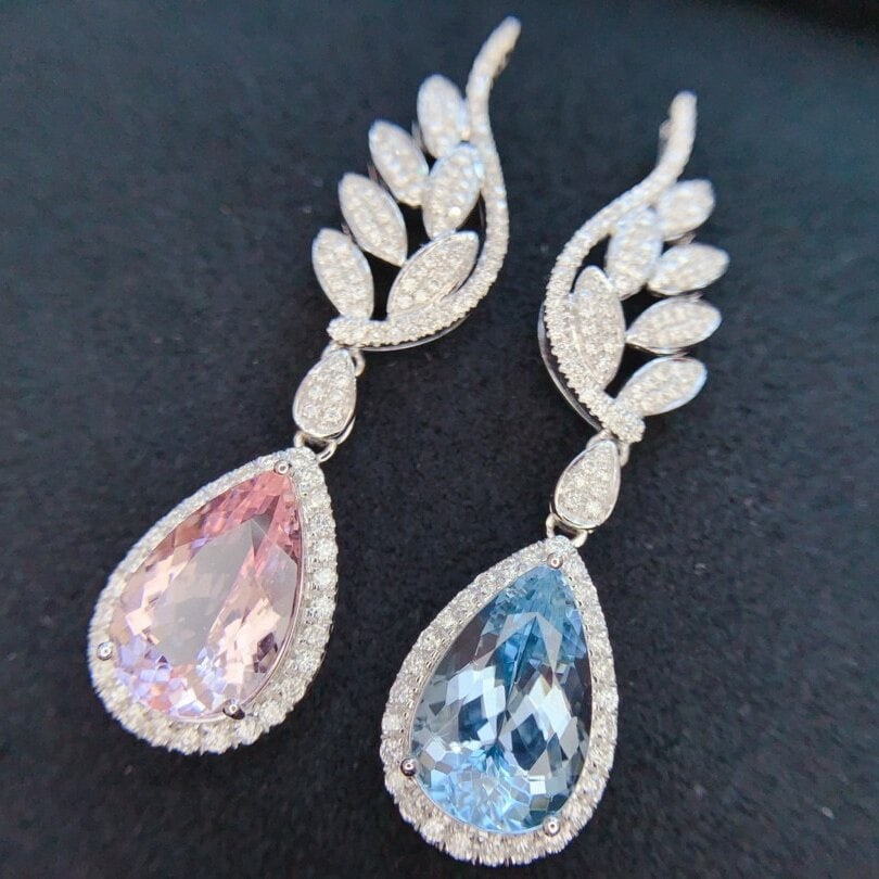 14k Gold 6.62 Ctw Natural Aquamarine & Morganite & Diamond Earrings - 3