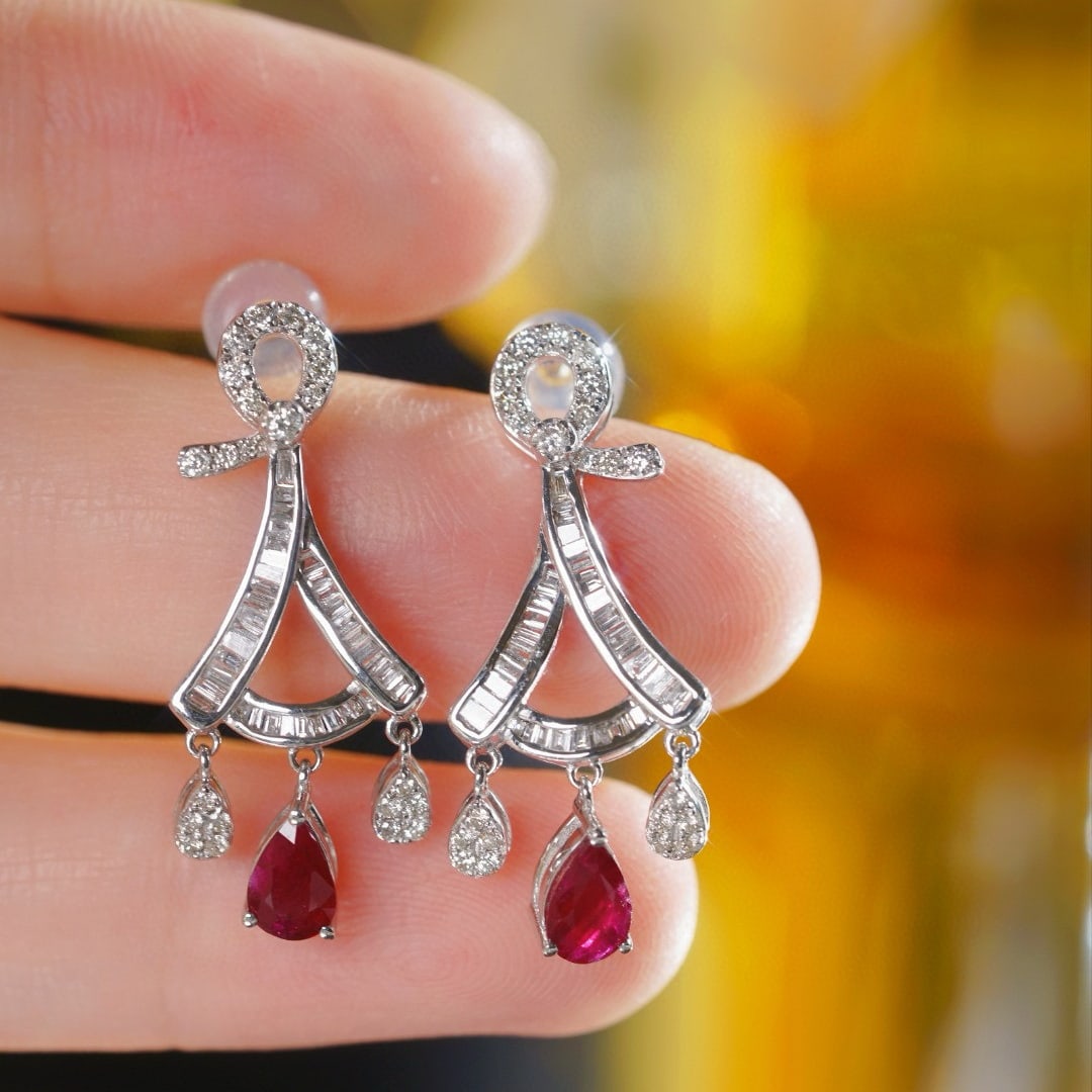 14k Gold 1.60 Ctw Vivid Red Natural Ruby & Diamond Earrings - 2