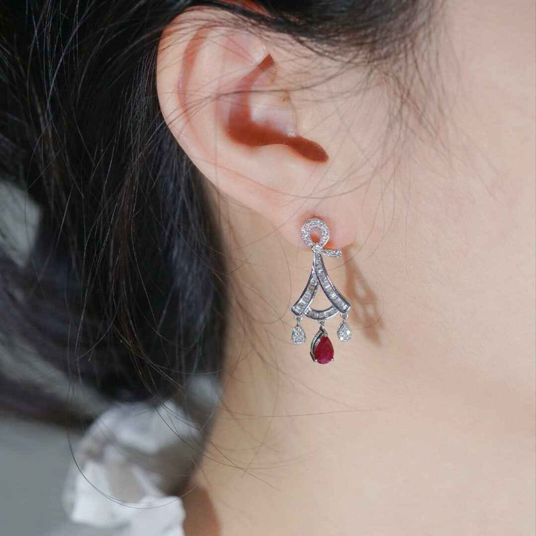 14k Gold 1.60 Ctw Vivid Red Natural Ruby & Diamond Earrings - 3