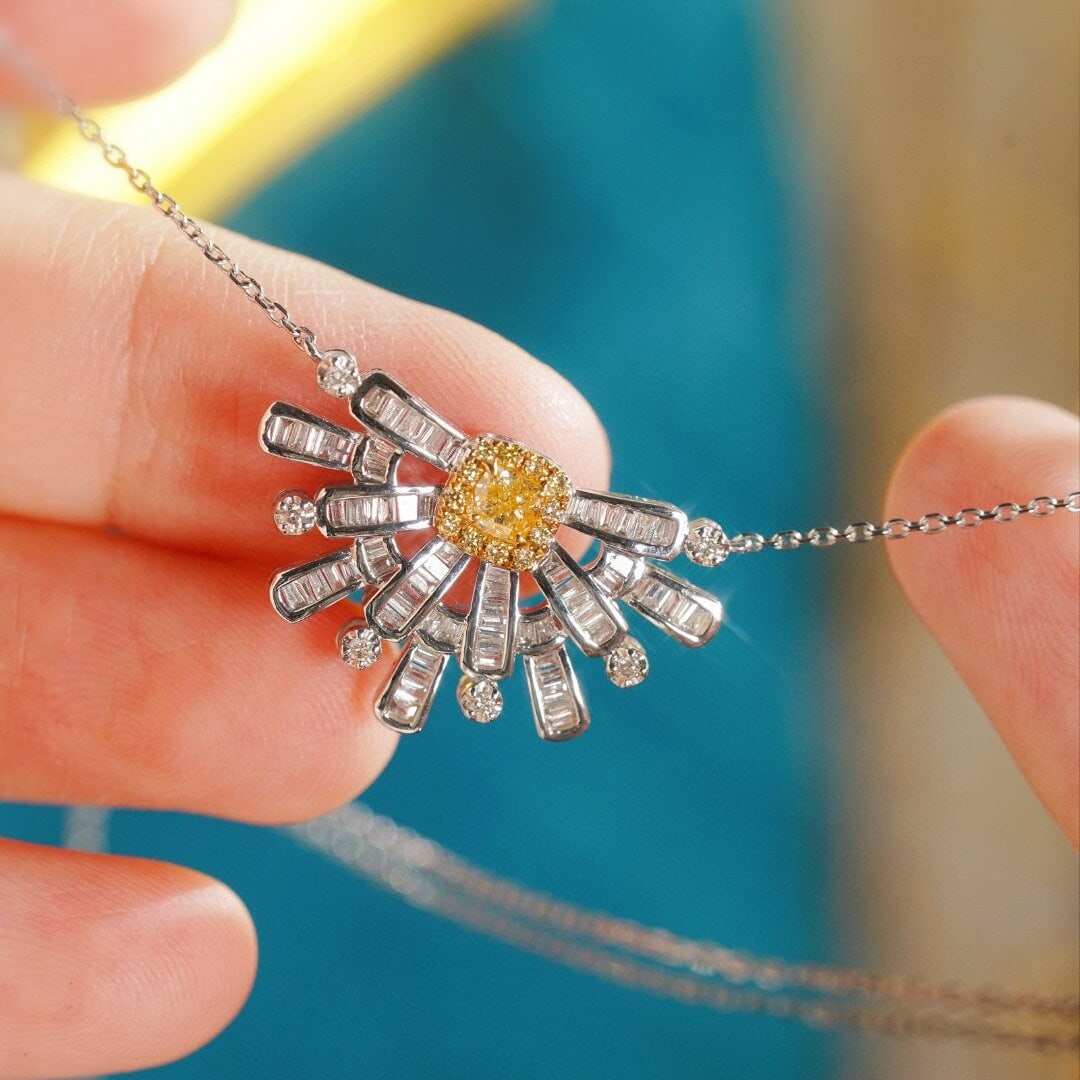 14k Gold 0.73 Ctw Natural Yellow Diamond & Diamond Necklace - 2