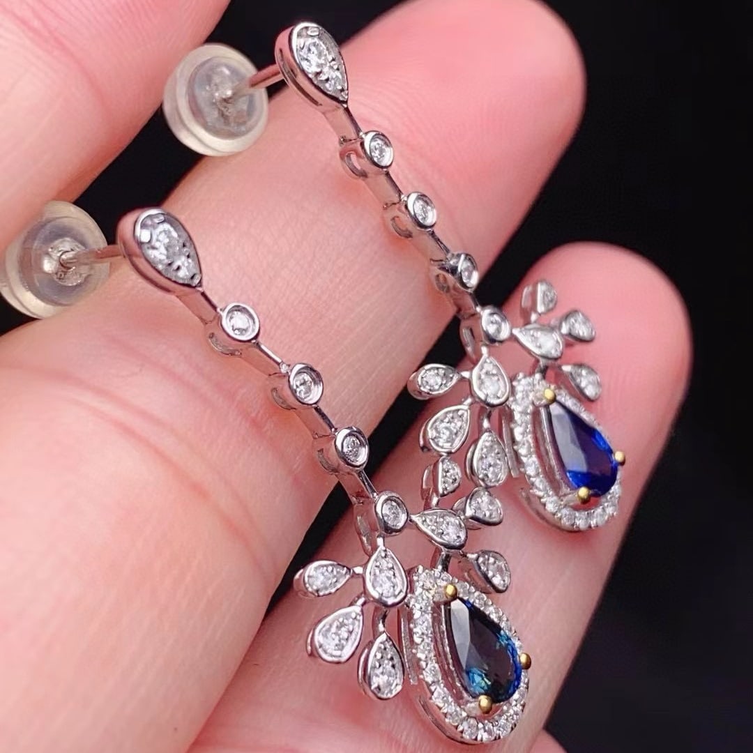 14k Gold 1.47 Ctw Natural Sapphire & Diamond Earrings - 4