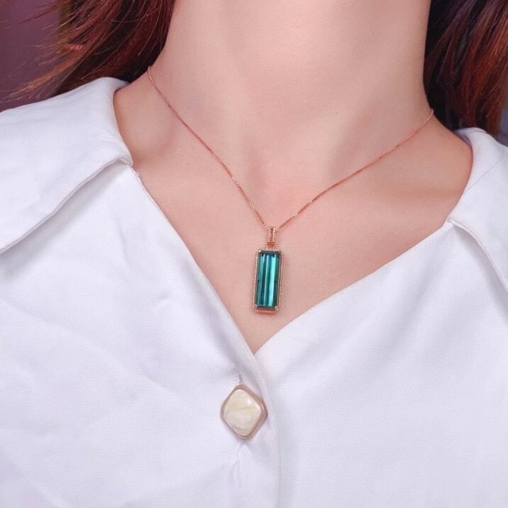 14k Gold 11.16 Ct Natural Tourmaline & Diamond Pendant( Without Chain ) - 2