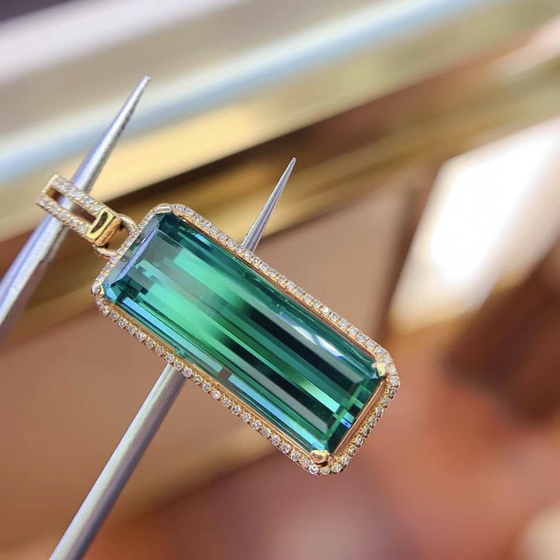 14k Gold 11.16 Ct Natural Tourmaline & Diamond Pendant( Without Chain ) - 3