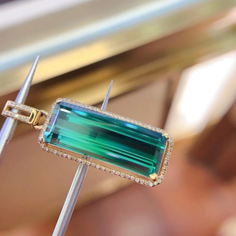 14k Gold 11.16 Ct Natural Tourmaline & Diamond Pendant( Without Chain ) - 6