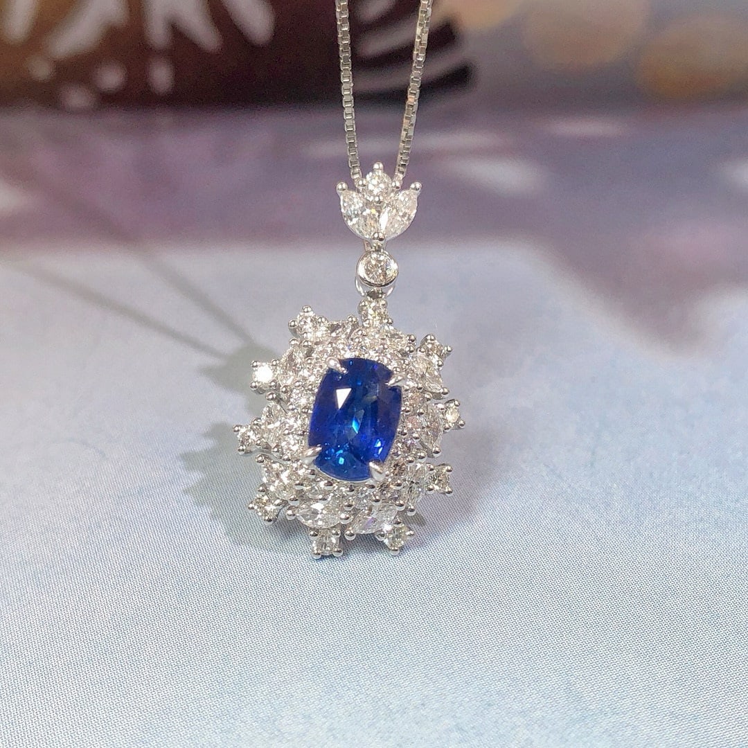 14k Gold 2.02 Ctw Natural Sapphire & Diamond Pendant( Without Chain ): Ref:230946141 // gold content:14k gold // main gemstone:sapphire // shape:cushion // carat weight:1. 27ct // color:royal blue // treatment:natural // // adjacent gemstone 2 : diamond //