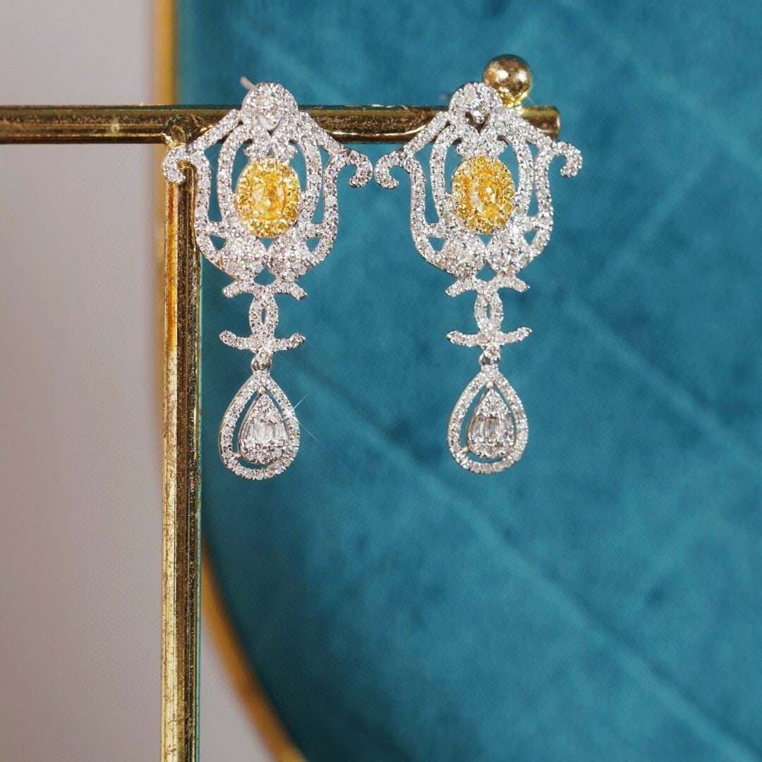 14k Gold 1.30 Ctw Natural Yellow Diamond & Diamond Earrings - 2