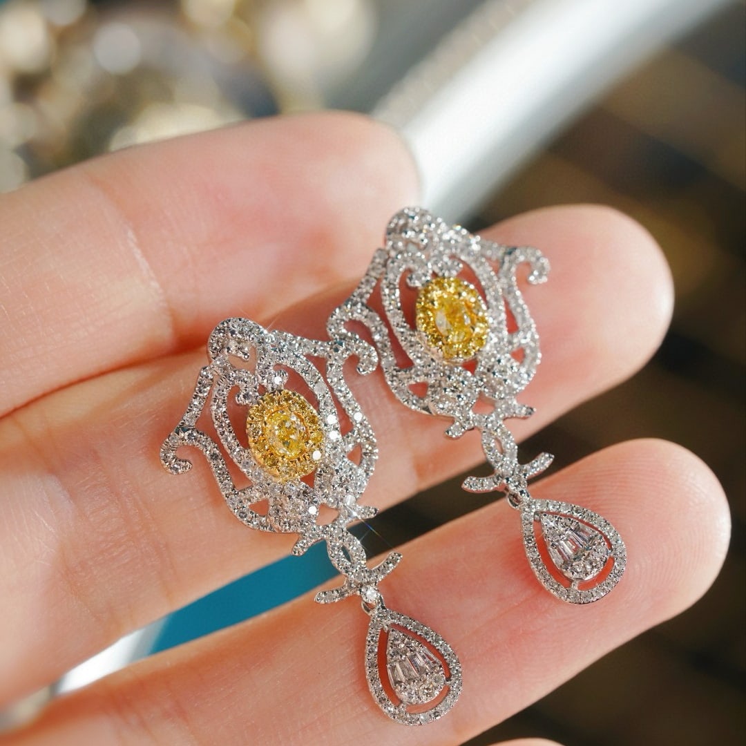 14k Gold 1.30 Ctw Natural Yellow Diamond & Diamond Earrings - 3