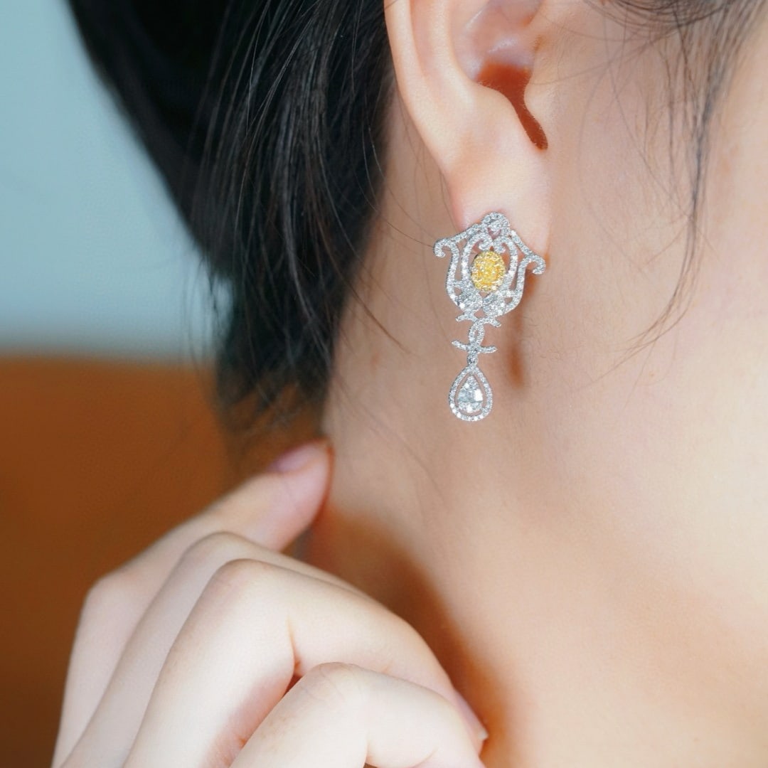 14k Gold 1.30 Ctw Natural Yellow Diamond & Diamond Earrings - 5