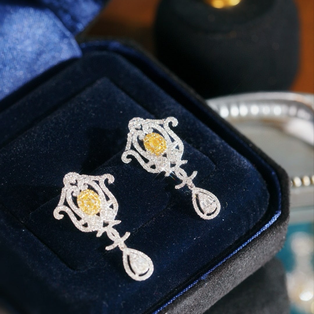 14k Gold 1.30 Ctw Natural Yellow Diamond & Diamond Earrings - 6