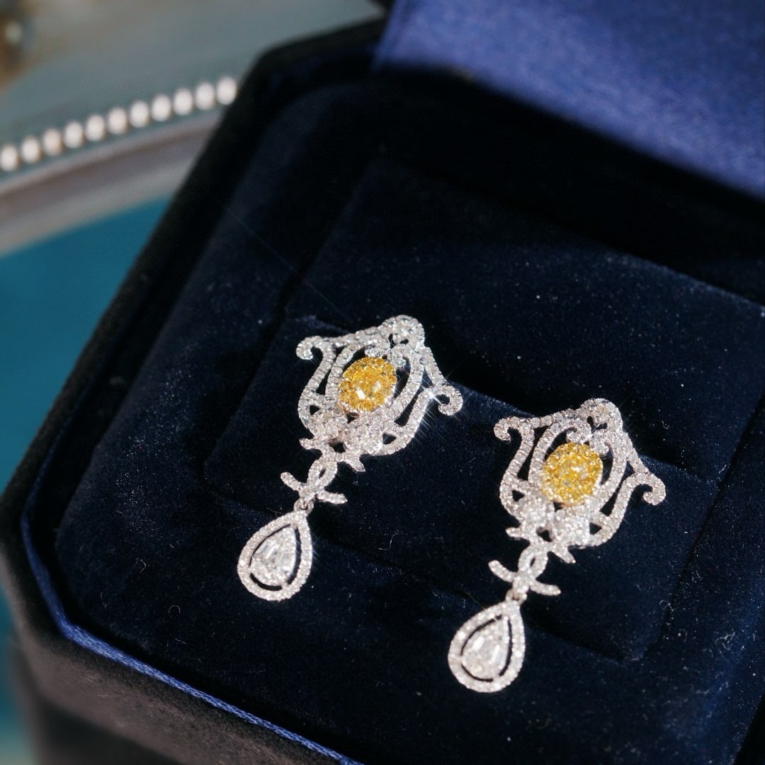 14k Gold 1.30 Ctw Natural Yellow Diamond & Diamond Earrings - 8