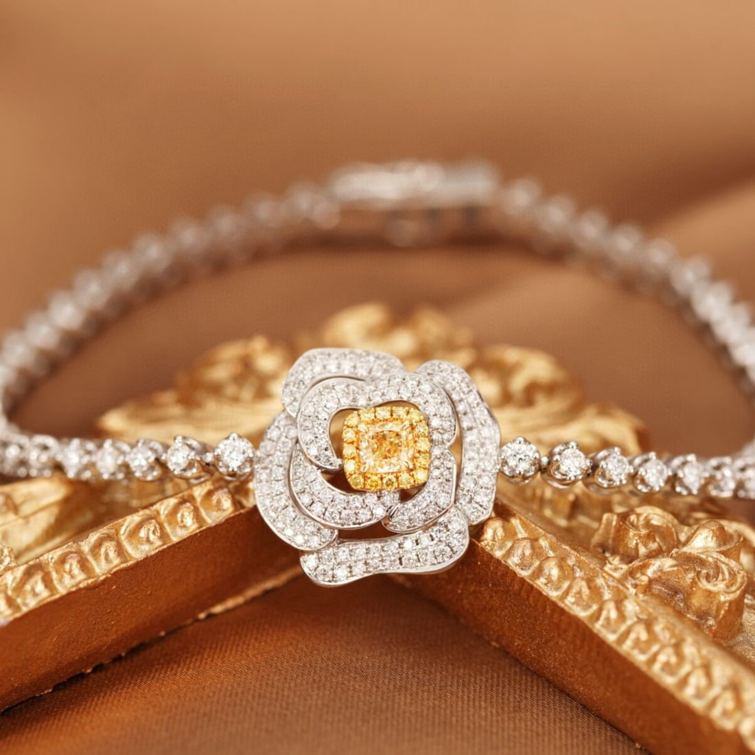 14k Gold 1.87 Ctw Natural Yellow Diamond & Diamond & Flowers Bracelet: Ref:230946163 // gold content:14k gold // main gemstone:yellow diamond // shape:cushion // carat weight:0. 25ct // color:yellow // treatment:natural // // adjacent gemstone 2 : diamond //