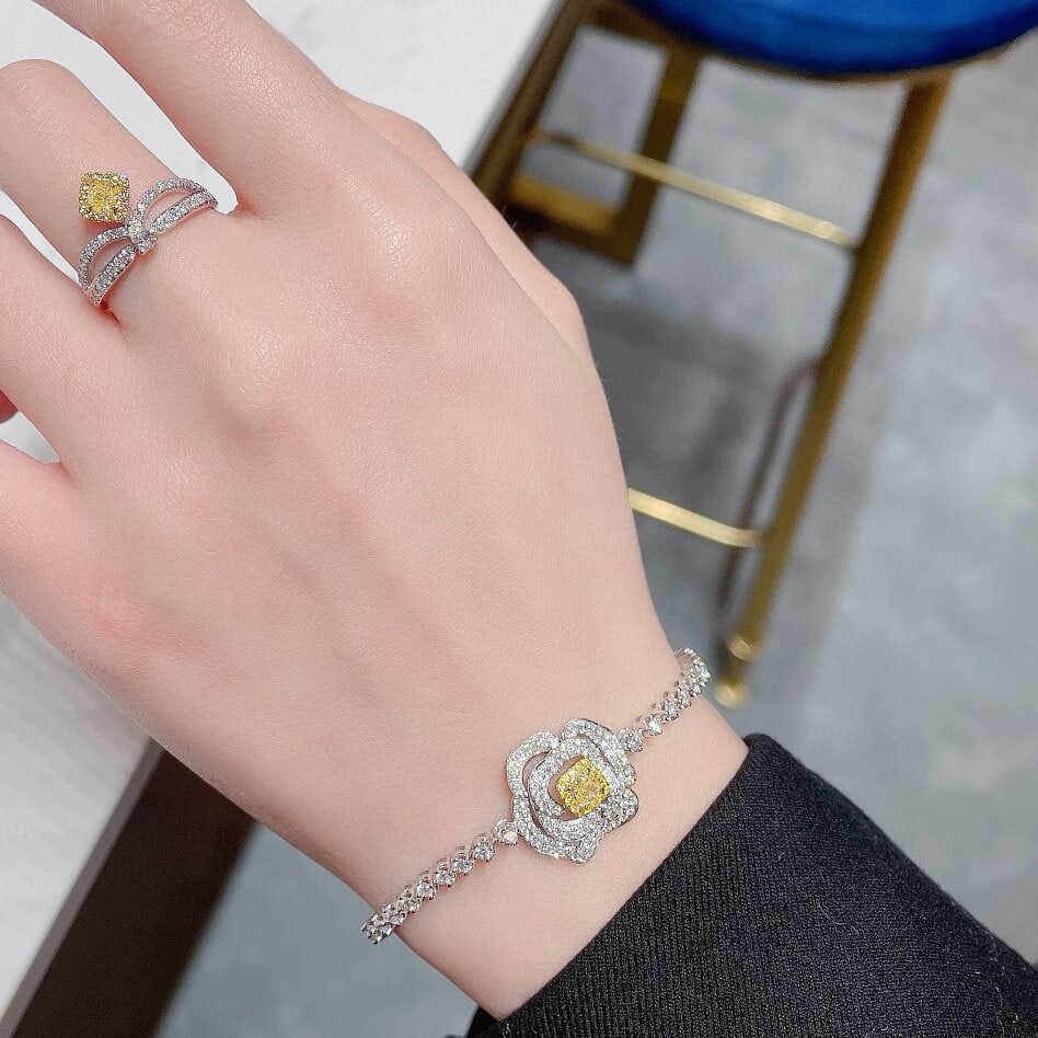 14k Gold 1.87 Ctw Natural Yellow Diamond & Diamond & Flowers Bracelet - 2