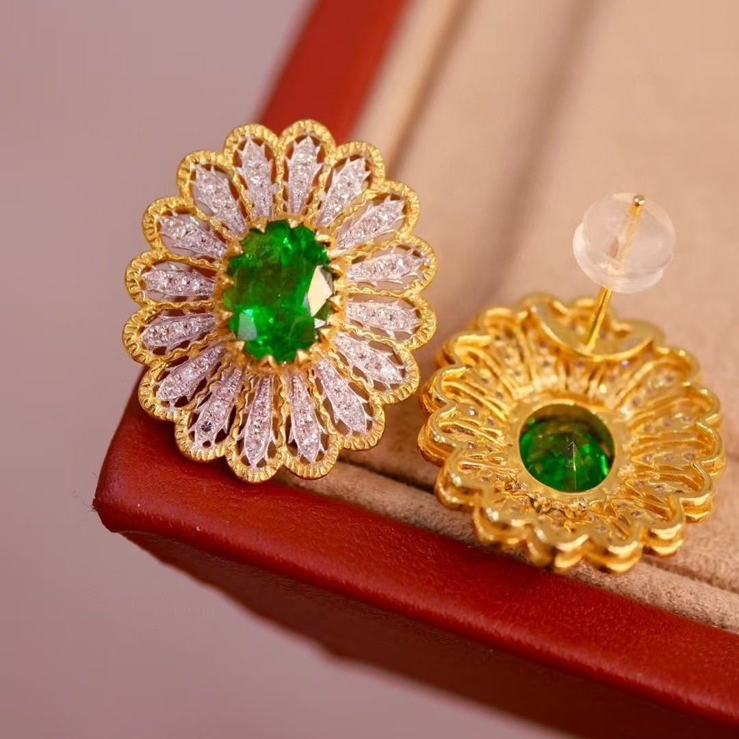 14k Gold 3.66 Ctw Natural Tsavorite & Diamond Earrings - 2