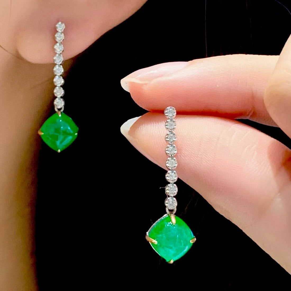 14k Gold 4.1 Ct Vivid Green Natural Emerald & Diamond Earrings - 4