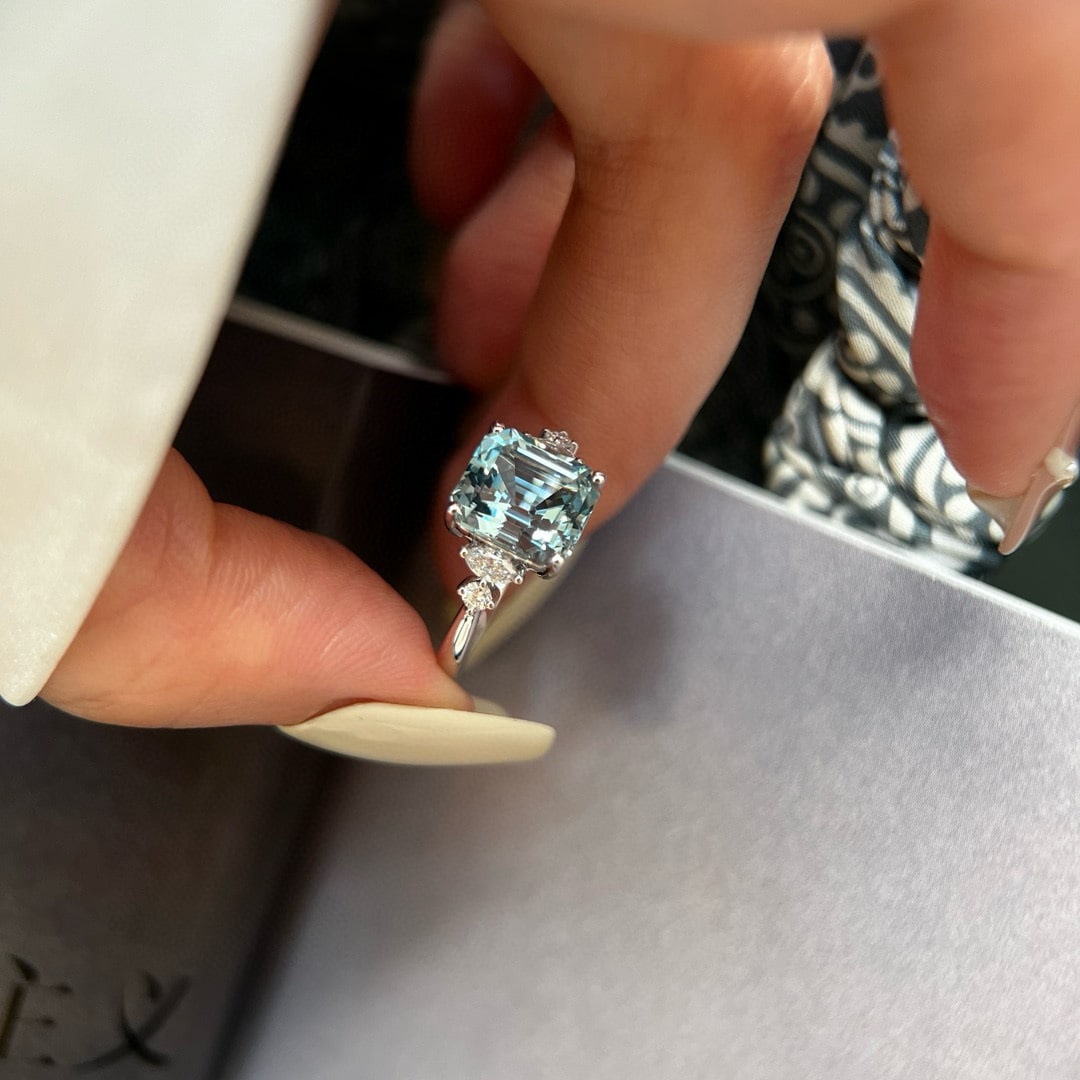 14k Gold 2.91 Ctw Natural Aquamarine & Lab Grown Diamond Ring - 4