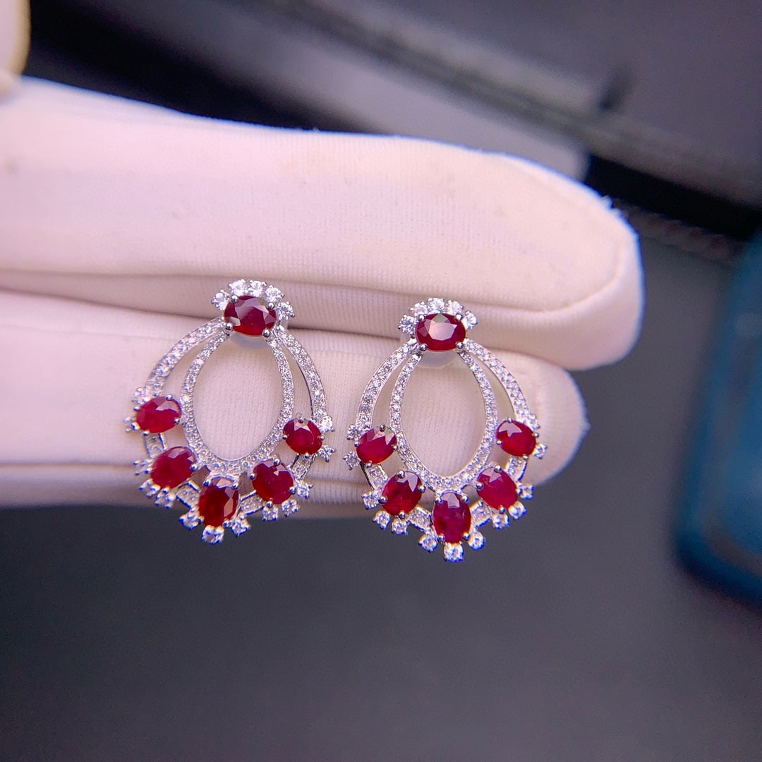 14k Gold 2.91 Ct Natural Ruby & Diamond & Sapphire Earrings - 4