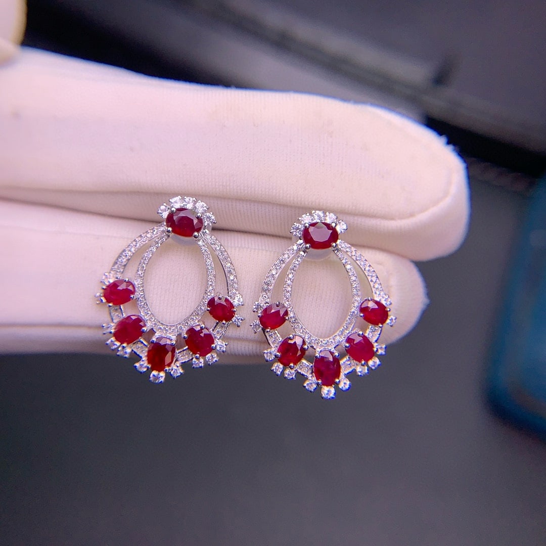 14k Gold 2.91 Ct Natural Ruby & Diamond & Sapphire Earrings - 5