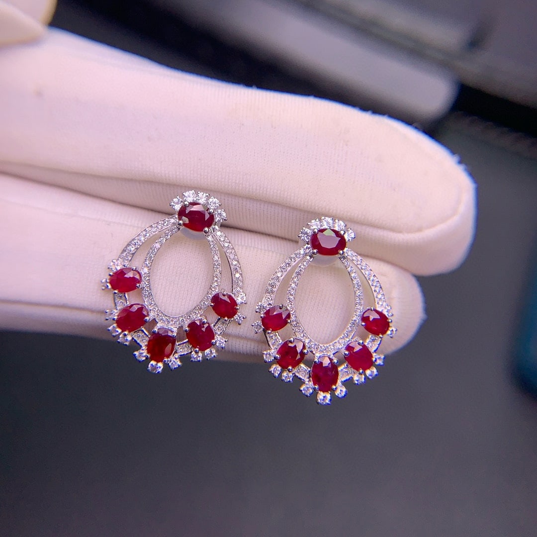 14k Gold 2.91 Ct Natural Ruby & Diamond & Sapphire Earrings - 6