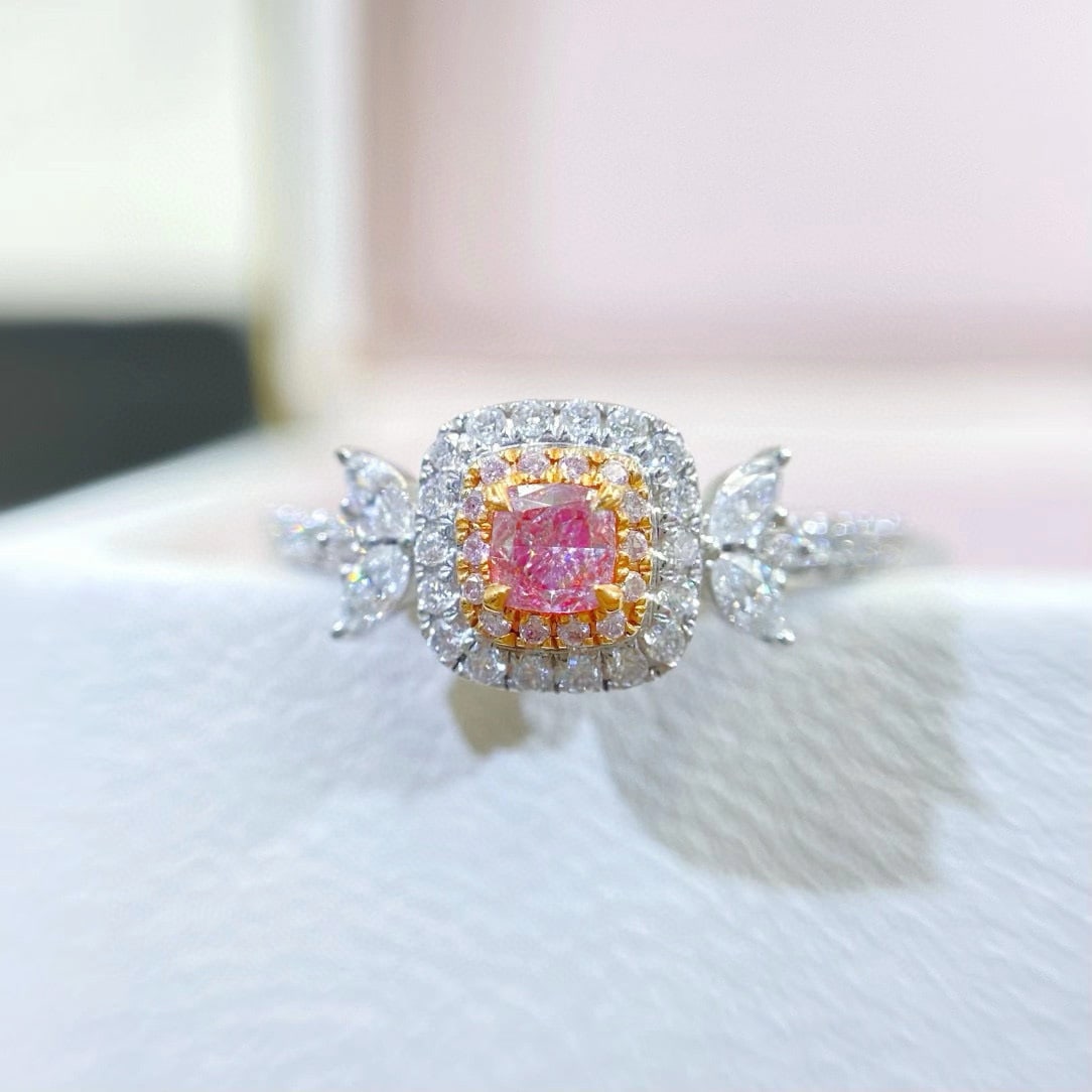 14k Gold 0.42 Ctw Natural Pink Diamond & Diamond Ring: Ref:230946213 // gold content:14k gold // ring size:7. 25us // // main gemstone:pink diamond // shape:cushion // carat weight:0. 13ct // color:pink // treatment:natural // // adjacent gemstone 2 :