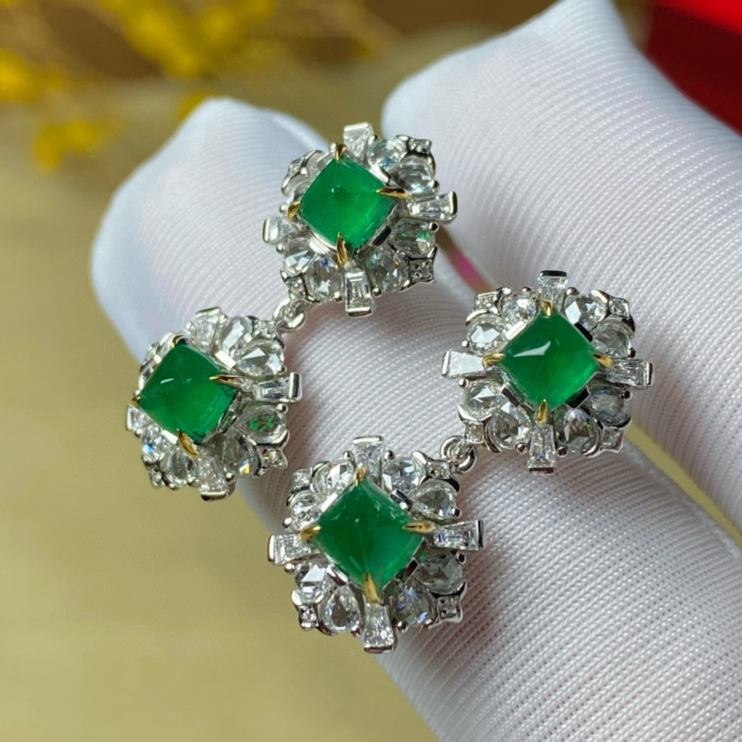 14k Gold 4.36 Ctw Vivid Green Natural Emerald & Diamond Earrings - 4