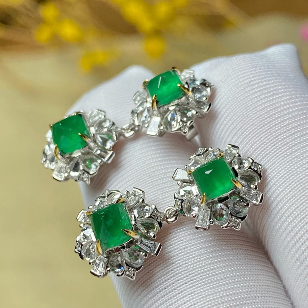 14k Gold 4.36 Ctw Vivid Green Natural Emerald & Diamond Earrings - 6