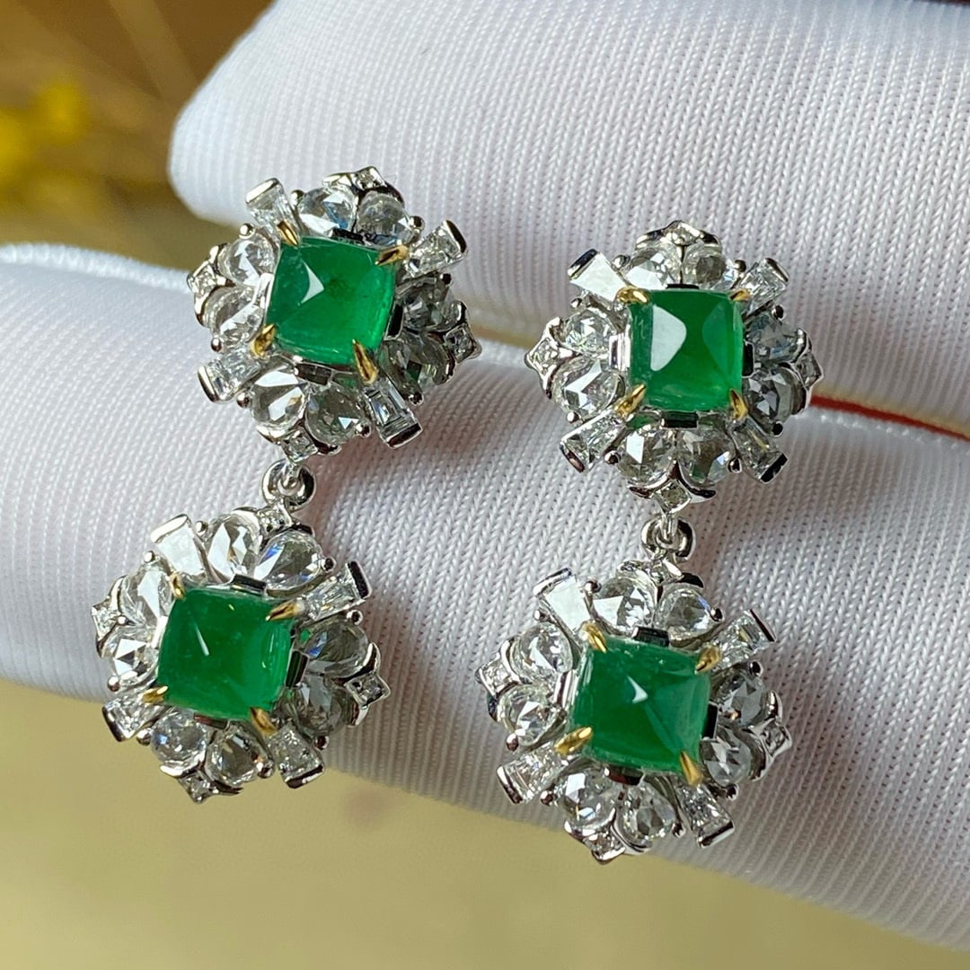 14k Gold 4.36 Ctw Vivid Green Natural Emerald & Diamond Earrings - 8