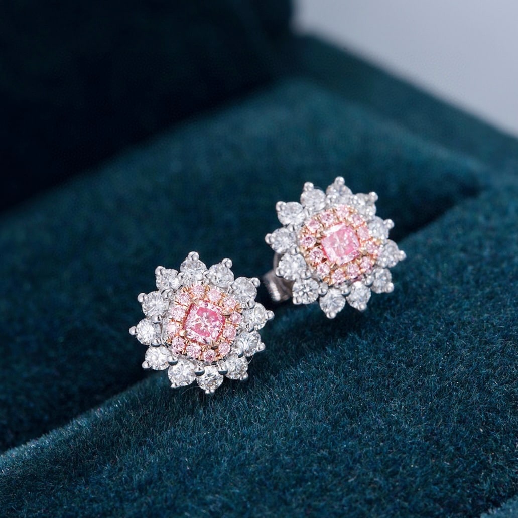 14k Gold 0.55 Ctw Natural Pink Diamond & Diamond Earrings: Ref:230946230 // gold content:14k gold // main gemstone:pink diamond // shape:cushion // carat weight:0. 12ct // color:pink // treatment:natural // // adjacent gemstone 2 : diamond // shape:round // c