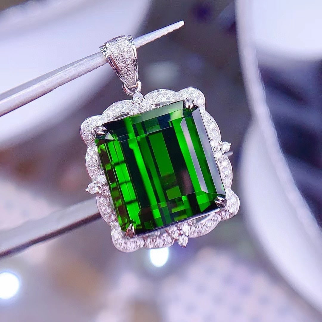 14k Gold 19.5 Ct Natural Tourmaline & Diamond Pendant( Without Chain ) - 2