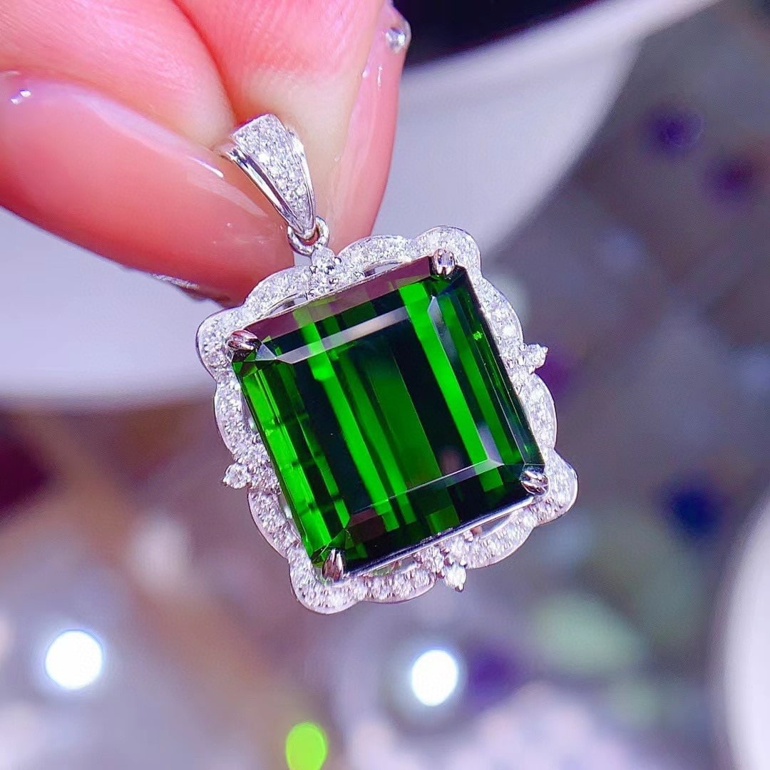 14k Gold 19.5 Ct Natural Tourmaline & Diamond Pendant( Without Chain ) - 4