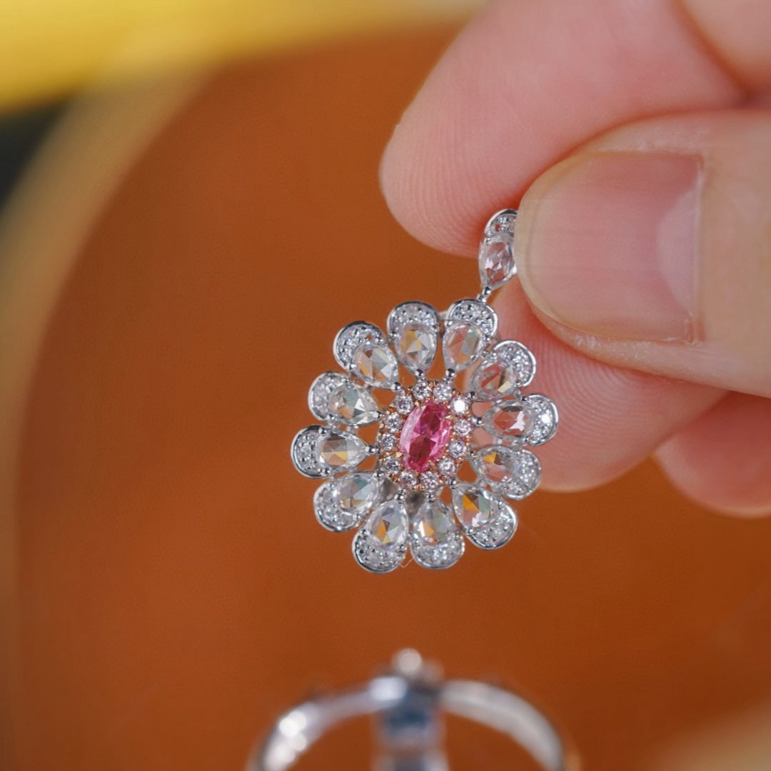 14k Gold 1.72 Ctw Natural Pink Diamond & Sapphire & Flowers Ring/pendant( Without Chain ) - 2