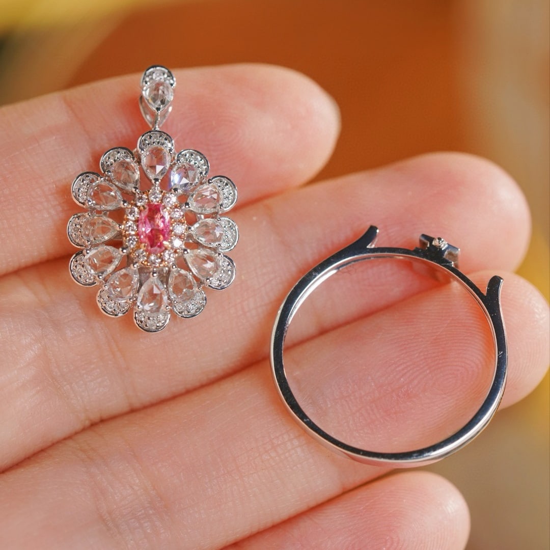 14k Gold 1.72 Ctw Natural Pink Diamond & Sapphire & Flowers Ring/pendant( Without Chain ) - 8