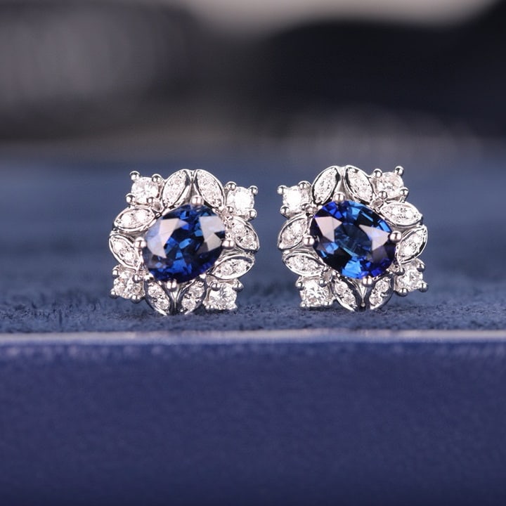 14k Gold 0.91 Ct Natural Sapphire & Diamond Earrings - 4