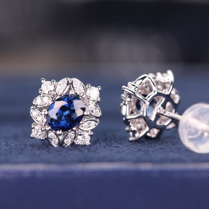 14k Gold 0.91 Ct Natural Sapphire & Diamond Earrings - 5