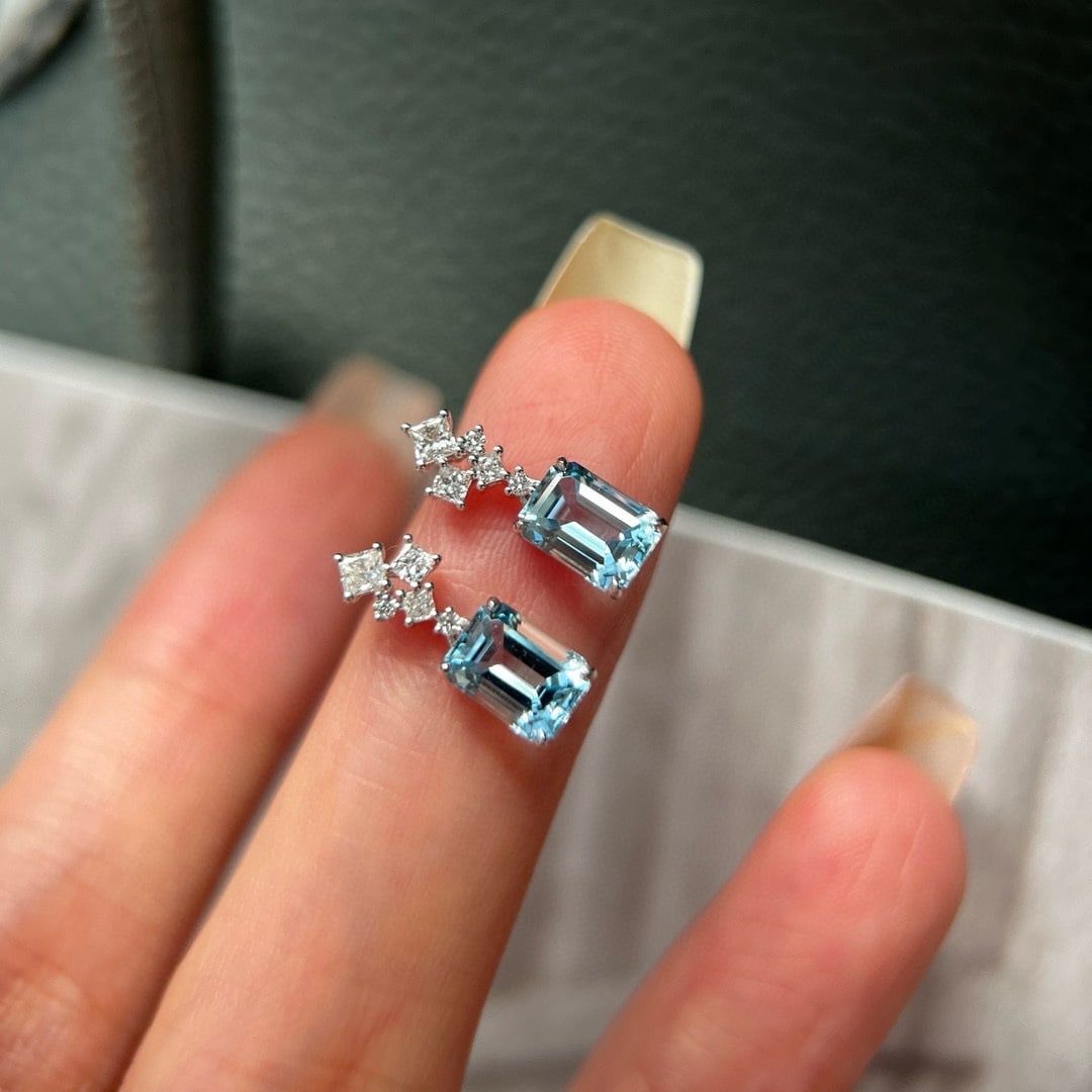 14k Gold 1.99 Ctw Natural Aquamarine & Lab Grown Diamond Earrings - 2