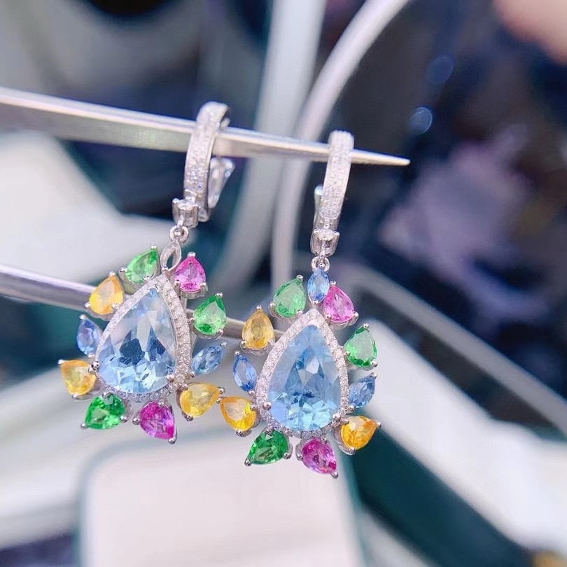 14k Gold 5.6 Ct Natural Aquamarine & Diamond Earrings - 2