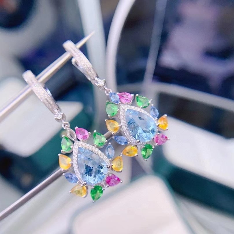 14k Gold 5.6 Ct Natural Aquamarine & Diamond Earrings - 4