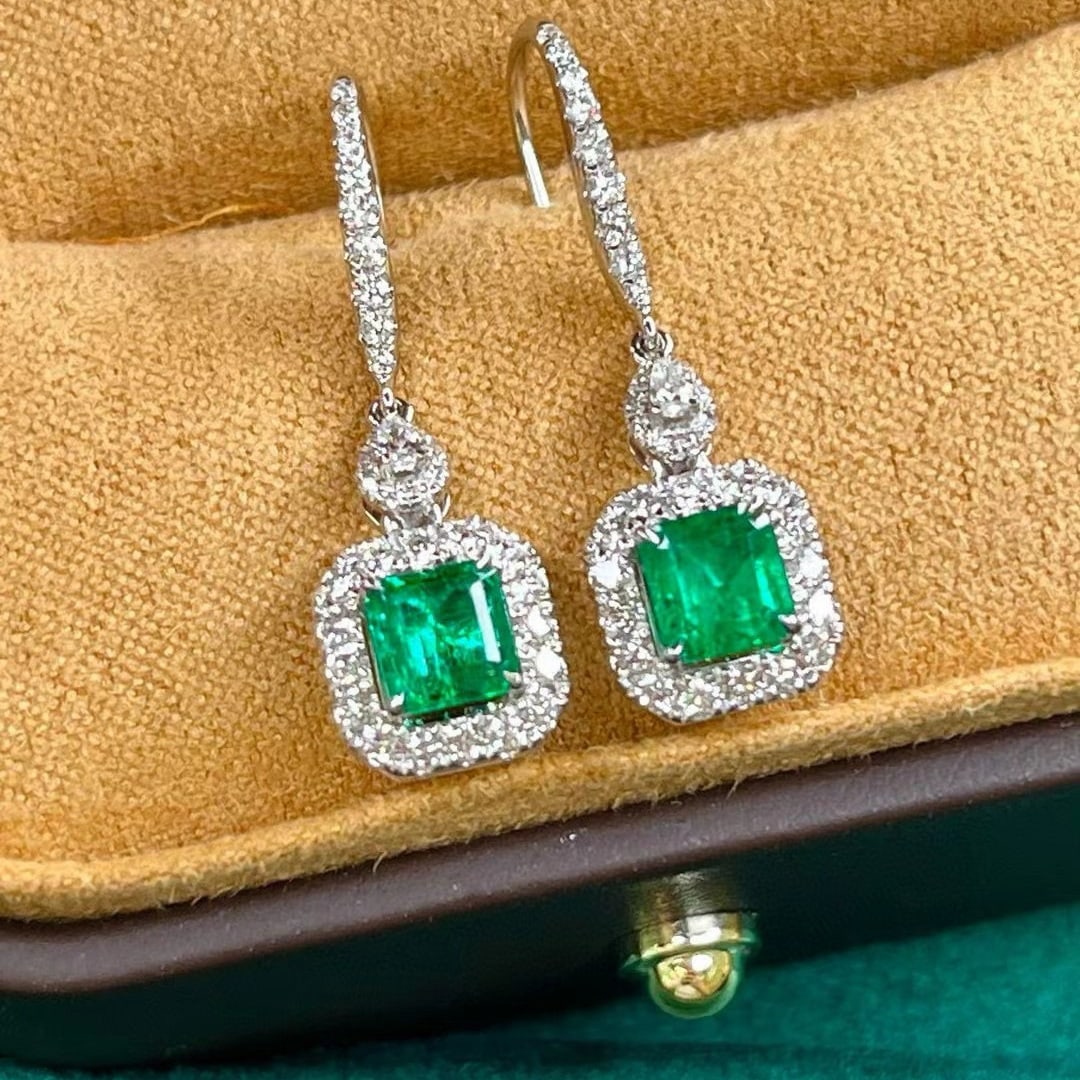 14k Gold 1.46 Ctw Vivid Green Natural Emerald & Diamond Earrings - 2