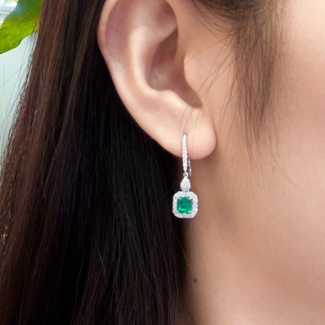 14k Gold 1.46 Ctw Vivid Green Natural Emerald & Diamond Earrings - 3