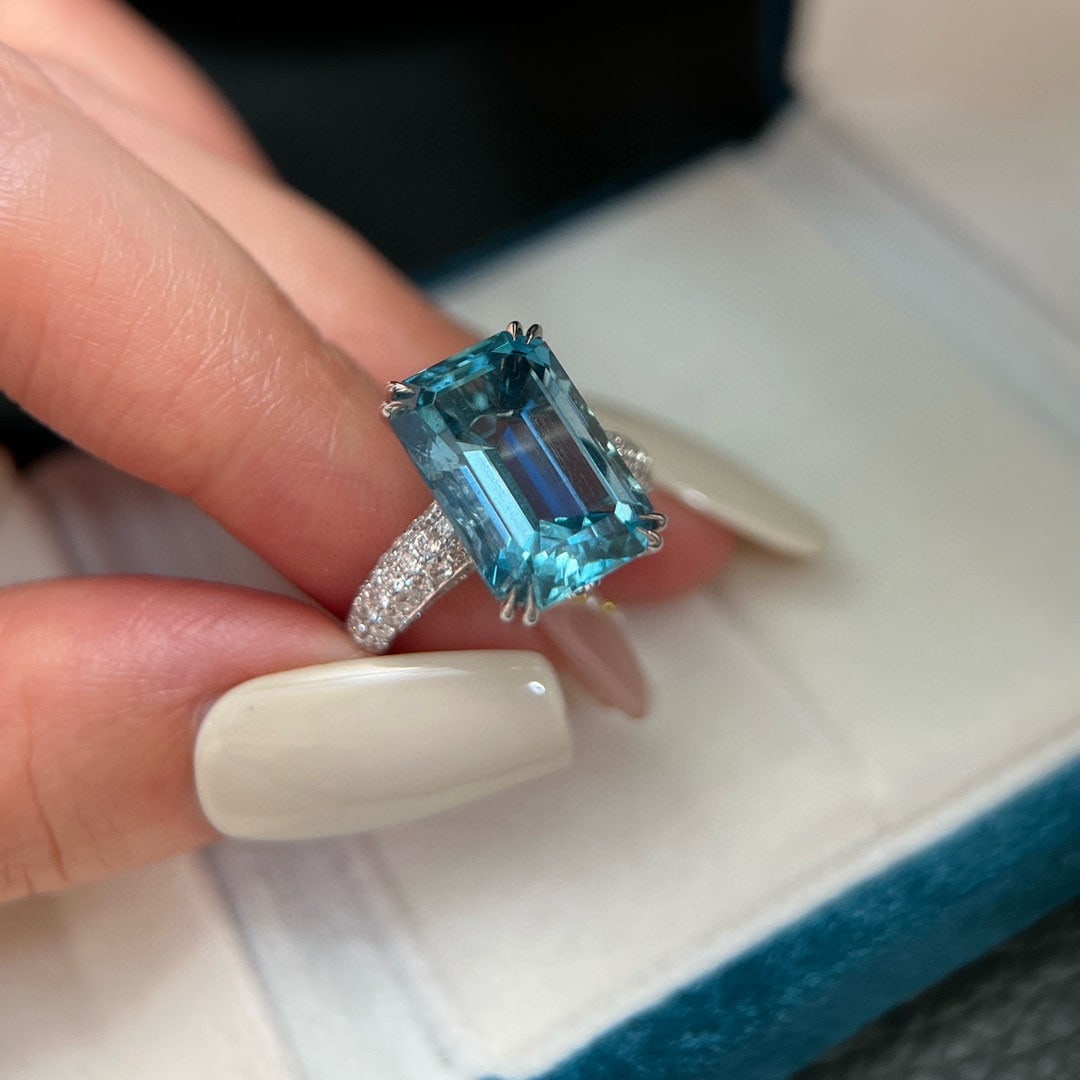 14k Gold 7.45 Ctw Natural Aquamarine & Lab Grown Diamond Ring - 5