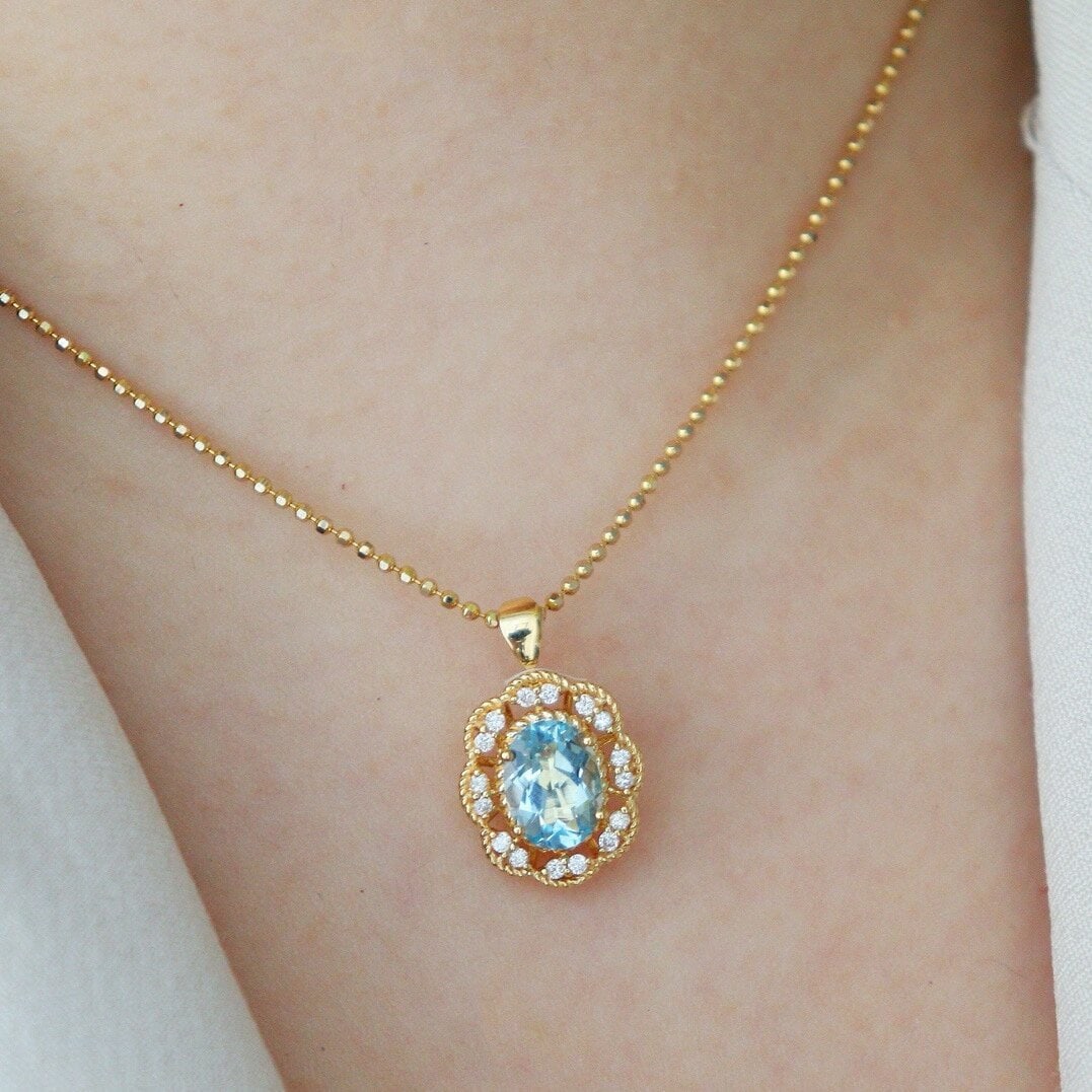 14k Gold 1 Ct Natural Aquamarine & Diamond Ring/pendant( Without Chain ) - 4